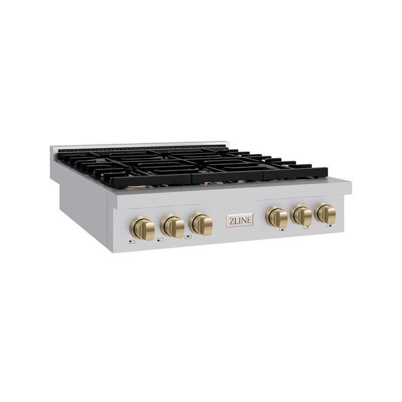 ZLINE Autograph Edition 36 in. Paramount Gas Rangetop with 6 Burners and Porcelain Cooktop in Stainless Steel with Champagne Bronze Accents (SRTZ-36-CB)