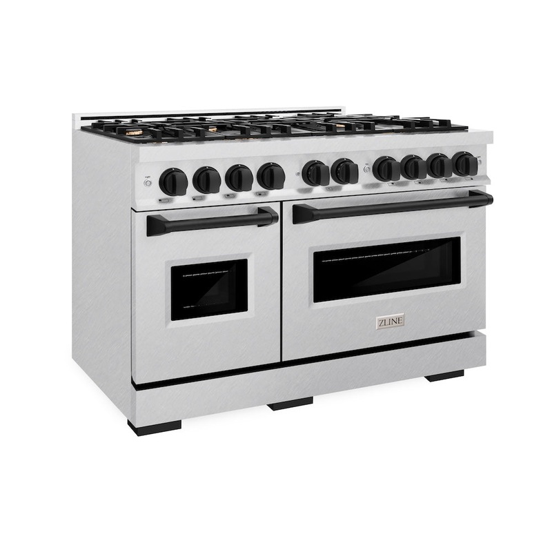 ZLINE Autograph Edition 48 in. 6.7 cu. ft. Classic Double Oven Dual Fuel Range with 8 Burner Gas Cooktop in Satin Stainless Steel and Matte Black Accents (CDRSZ-48-MB)