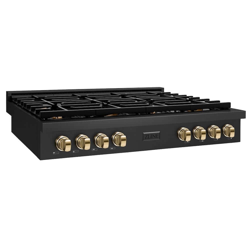 ZLINE Autograph Edition 48 in. Paramount Gas Rangetop with 8 Burners and Porcelain Cooktop in Black Stainless Steel with Polished Gold Accents (SRTBZ-48-G)
