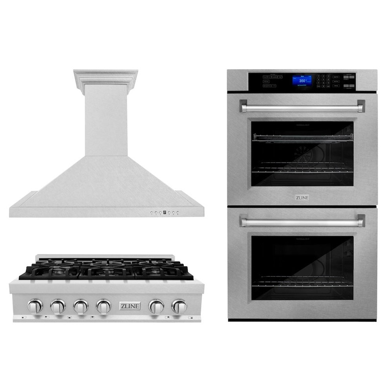 ZLINE Kitchen Package with 36 in. Satin Stainless Steel Rangetop, 36 in. Convertible Range Hood and Double Wall Oven (3KP-RTSRH36-AWD)