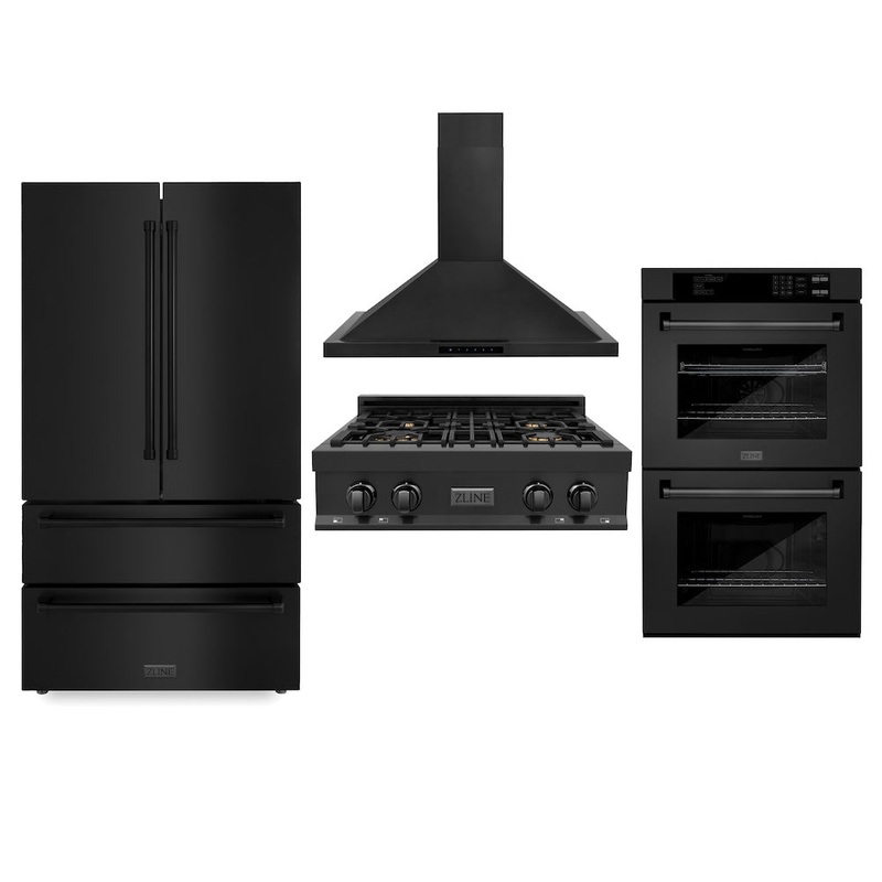 ZLINE Kitchen Package with Black Stainless Steel Refrigeration, 30 in. Rangetop, 30 in. Range Hood and 30 in. Double Wall Oven (4KPR-RTBRH30-AWD)