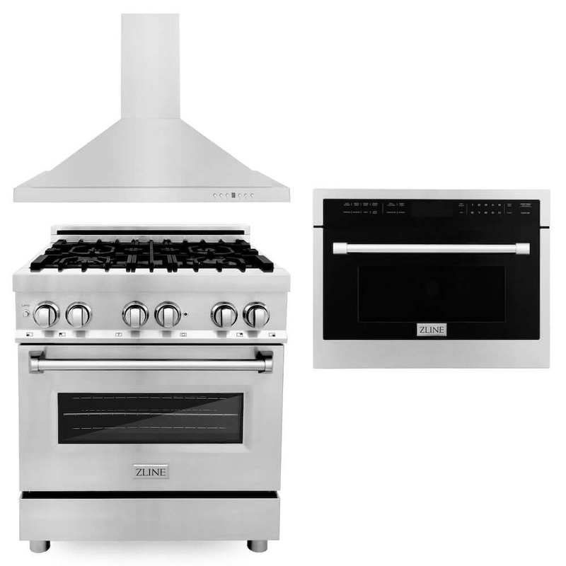 ZLINE 30 in. Kitchen Package with Stainless Steel Dual Fuel Range, Convertible Vent Range Hood and 24 in. Microwave Oven (3KP-RARHMWO-30)