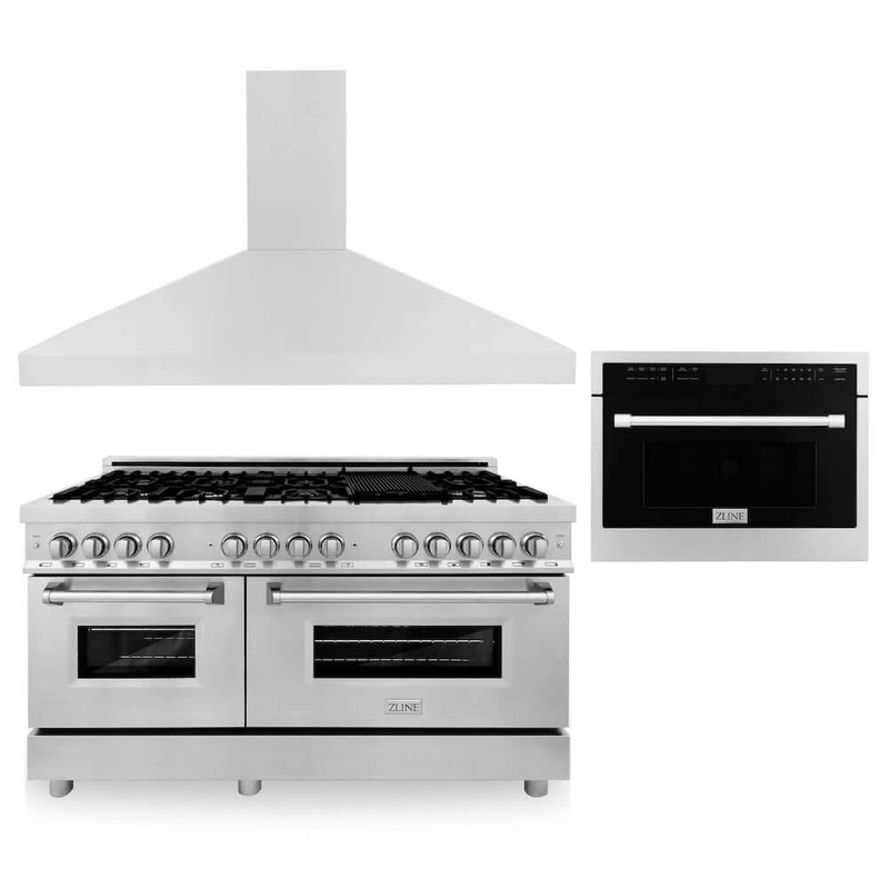 ZLINE 60 in. Kitchen Package with Stainless Steel Dual Fuel Range, Convertible Vent Range Hood and 24 in. Microwave Oven (3KP-RARHMWO-60)