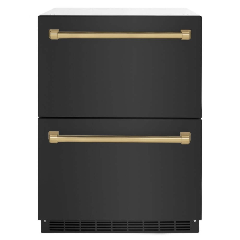 ZLINE Autograph Edition 24 in. Touchstone 168 Can Outdoor-Rated Dual Refrigerator Drawer with Black Stainless Steel Doors and Champagne Bronze Handles (RDSOZ-BS-24-CB)