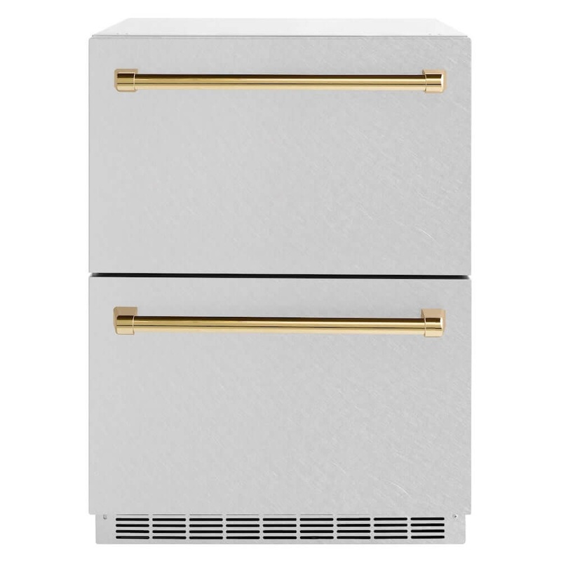 ZLINE Autograph Edition 24 in. Touchstone 168 Can Outdoor-Rated Dual Refrigerator Drawer with Satin Stainless Steel Doors and Polished Gold Handles (RDSOZ-SN-24-G)