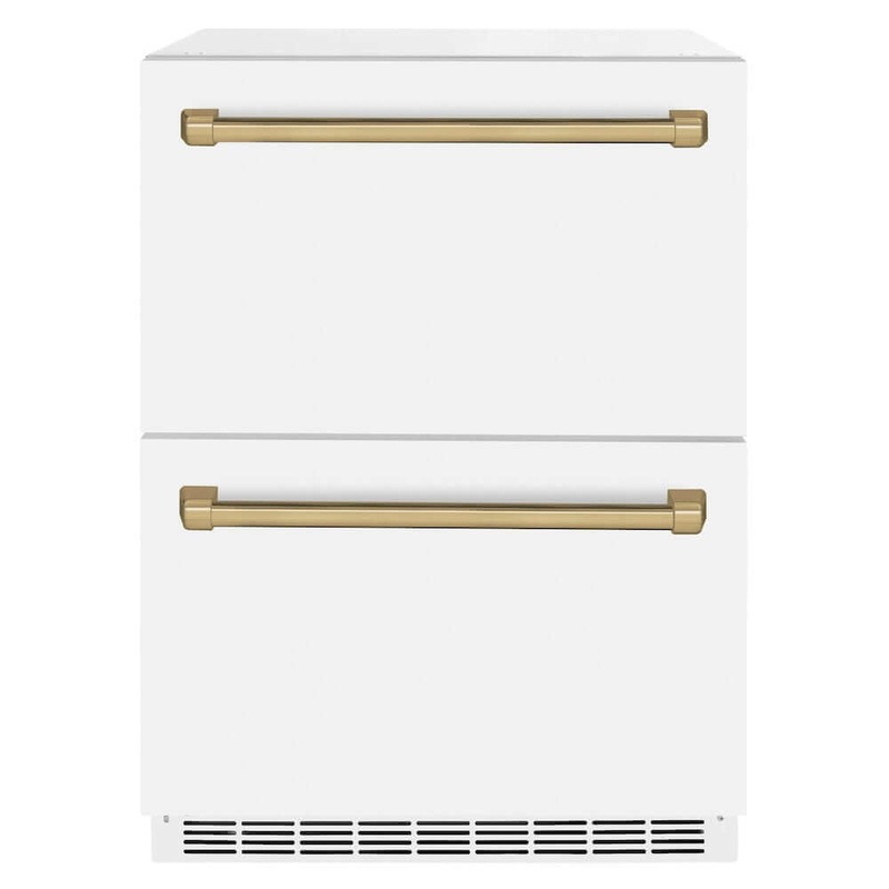 ZLINE Autograph Edition 24 in. Touchstone 168 Can Outdoor-Rated Dual Refrigerator Drawer with White Matte Doors and Champagne Bronze Handles (RDSOZ-WM-24-CB)