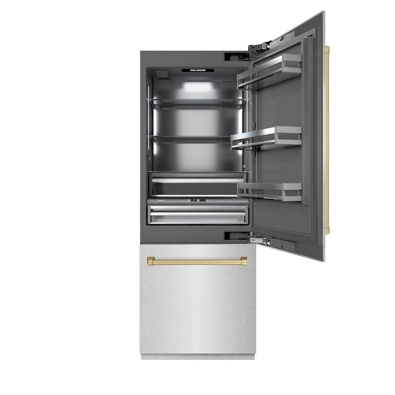 ZLINE Autograph Edition 30 in. 16.1 cu. ft. Built-In Bottom Freezer Refrigerator with Water Dispenser and Ice Maker in Satin Stainless Steel with Graphite Gray Interior and Champagne Bronze Accents (GRBIVZ-SN-30-CB)