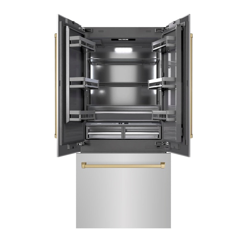 ZLINE Autograph Edition 36 in. 19.6 cu. ft. French Door Built-In Bottom Freezer Refrigerator with Water Dispenser and Ice Maker in White Matte with Graphite Gray Interior and Champagne Bronze Accents (GRBIVZ-WM-36-CB)