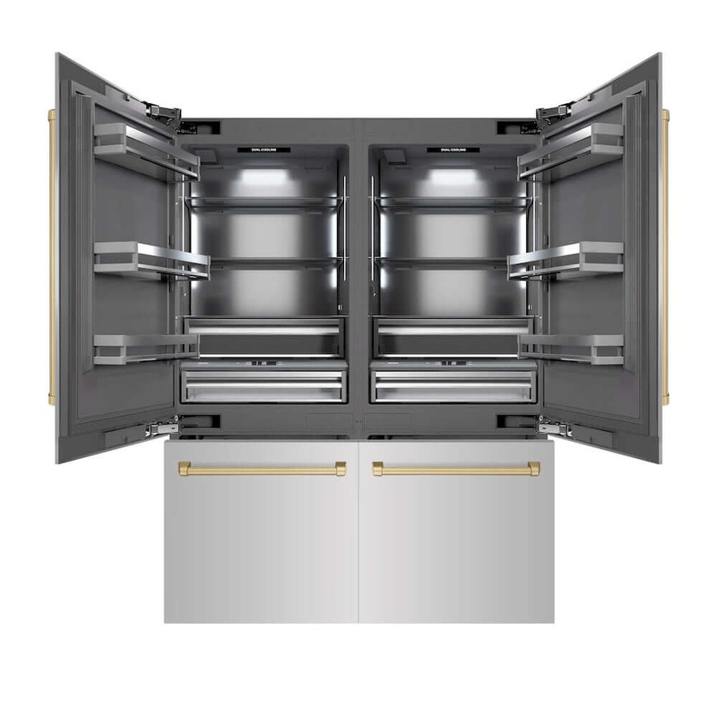 ZLINE Autograph Edition 60 in. 32.2 cu. ft. French Door Built-In Bottom Freezer Refrigerator with Water Dispenser and Ice Maker in Black Stainless Steel with Graphite Gray Interior and Champagne Bronze Accents (GRBIVZ-BS-60-CB)