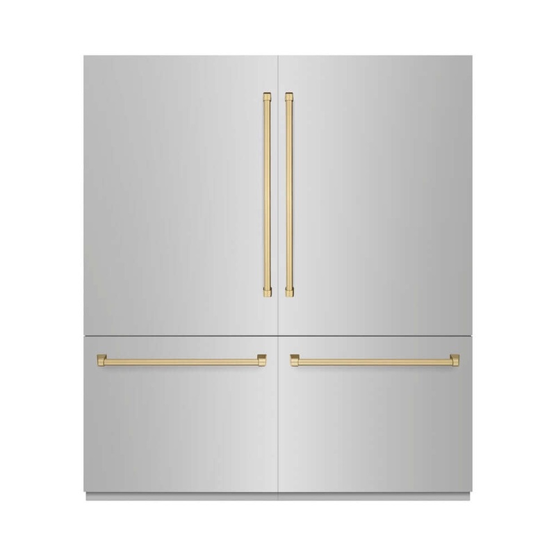 ZLINE Autograph Edition 72 in. 39.6 cu. ft. French Door Built-In Bottom Freezer Refrigerator with Water Dispensers and Ice Makers in Satin Stainless Steel and Champagne Bronze Accents (RBITZ-SN-72-CB)