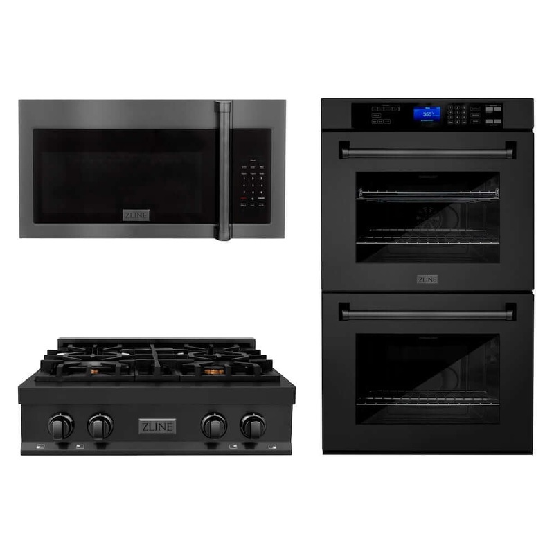 ZLINE Kitchen Package with 30 in. Black Stainless Steel Rangetop, 30 in. Over The Range Microwave with Traditional Handle and Double Wall Oven (3KP-RTBOTRH30-AWD)