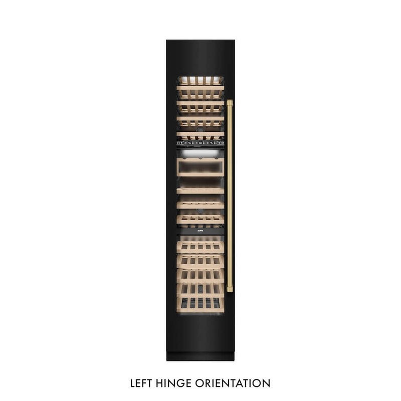 ZLINE Autograph Edition 18 in. 9.0 cu. ft. Triple Zone 68 Bottle Left Hinge Column Wine Cooler in Black Stainless Steel with Champagne Bronze Accents (RCWVLZ-BS-18-CB)