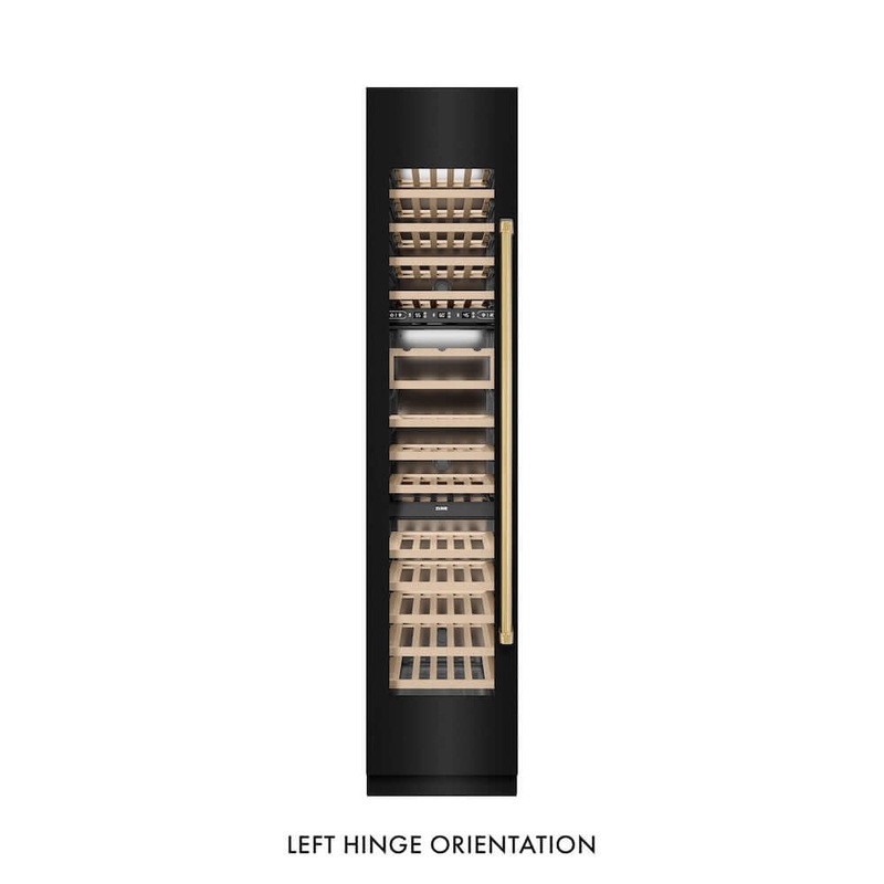 ZLINE Autograph Edition 18 in. 9.0 cu. ft. Triple Zone 68 Bottle Left Hinge Column Wine Cooler in Black Stainless Steel with Polished Gold Accents (RCWVLZ-BS-18-G)
