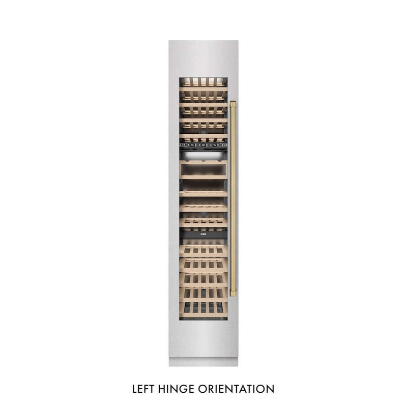 ZLINE Autograph Edition 18 in. 9.0 cu. ft. Triple Zone 68 Bottle Left Hinge Column Wine Cooler in Satin Stainless Steel with Champagne Bronze Accents (RCWVLZ-SN-18-CB)
