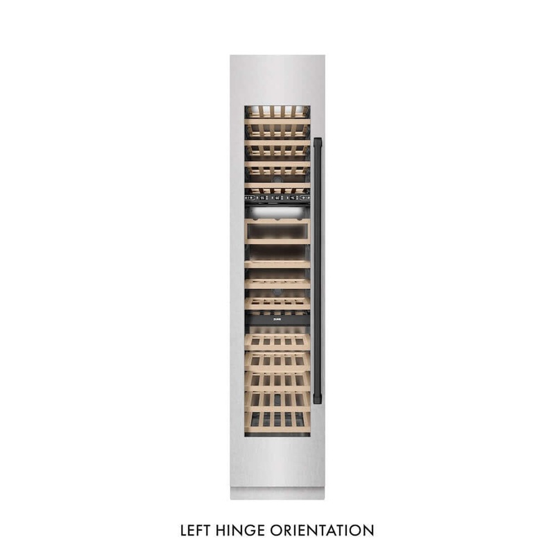 ZLINE Autograph Edition 18 in. 9.0 cu. ft. Triple Zone 68 Bottle Left Hinge Column Wine Cooler in Satin Stainless Steel with Matte Black Accents (RCWVLZ-SN-18-MB)