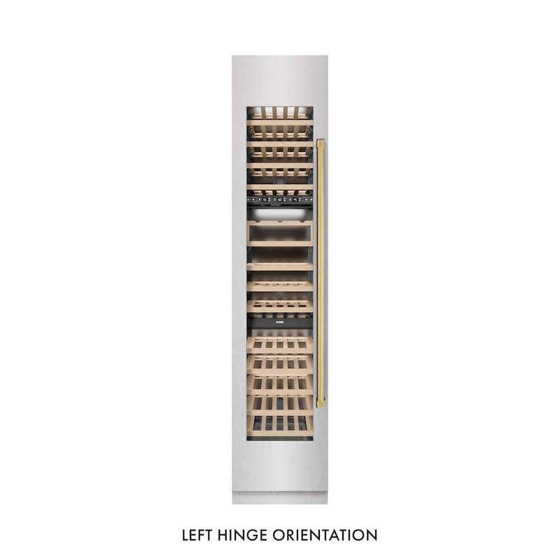 ZLINE Autograph Edition 18 in. 9.0 cu. ft. Triple Zone 68 Bottle Left Hinge Column Wine Cooler in Satin Stainless Steel with Polished Gold Accents (RCWVLZ-SN-18-G)