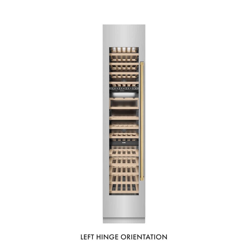 ZLINE Autograph Edition 18 in. 9.0 cu. ft. Triple Zone 68 Bottle Left Hinge Column Wine Cooler in Stainless Steel with Polished Gold Accents (RCWVLZ-30418-G)