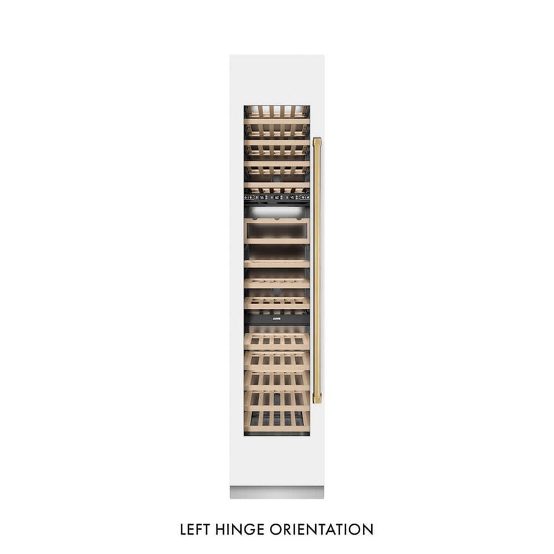 ZLINE Autograph Edition 18 in. 9.0 cu. ft. Triple Zone 68 Bottle Left Hinge Column Wine Cooler in White Matte with Polished Gold Accents (RCWVLZ-WM-18-G)