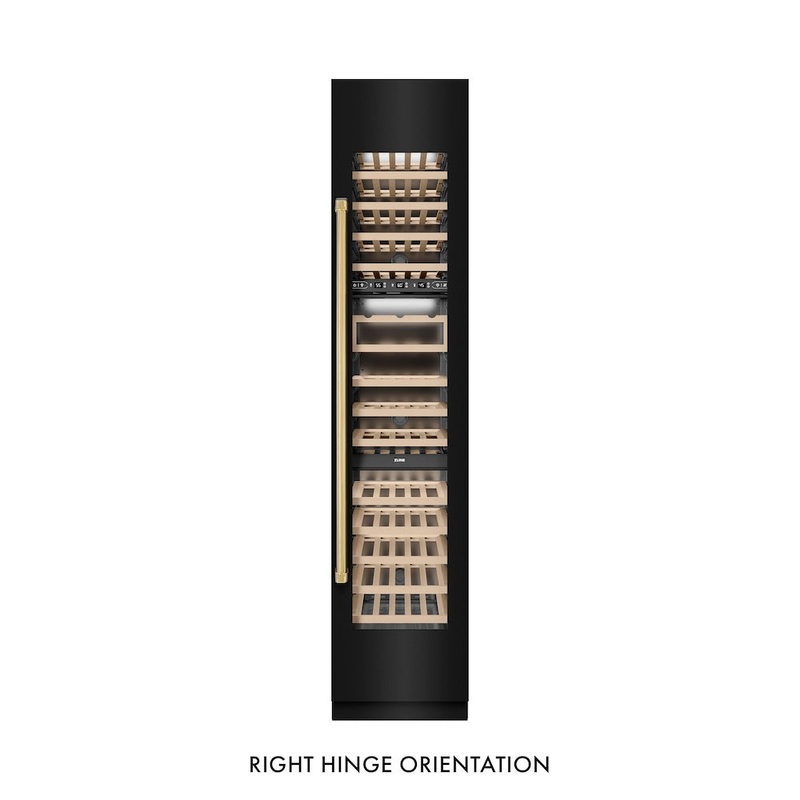 ZLINE Autograph Edition 18 in. 9.0 cu. ft. Triple Zone 68 Bottle Right Hinge Column Wine Cooler in Black Stainless Steel with Polished Gold Accents (RCWVRZ-BS-18-G)