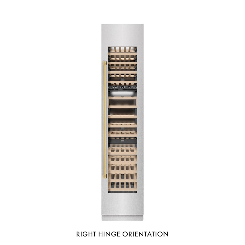 ZLINE Autograph Edition 18 in. 9.0 cu. ft. Triple Zone 68 Bottle Right Hinge Column Wine Cooler in Satin Stainless Steel with Polished Gold Accents (RCWVRZ-SN-18-G)