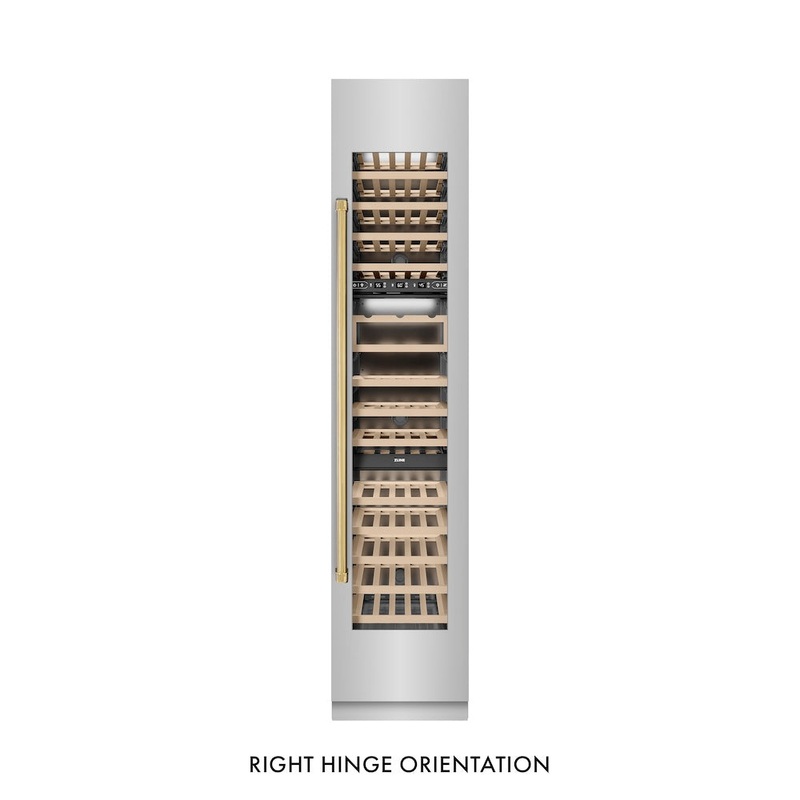 ZLINE Autograph Edition 18 in. 9.0 cu. ft. Triple Zone 68 Bottle Right Hinge Column Wine Cooler in Stainless Steel with Polished Gold Accents (RCWVRZ-30418-G)
