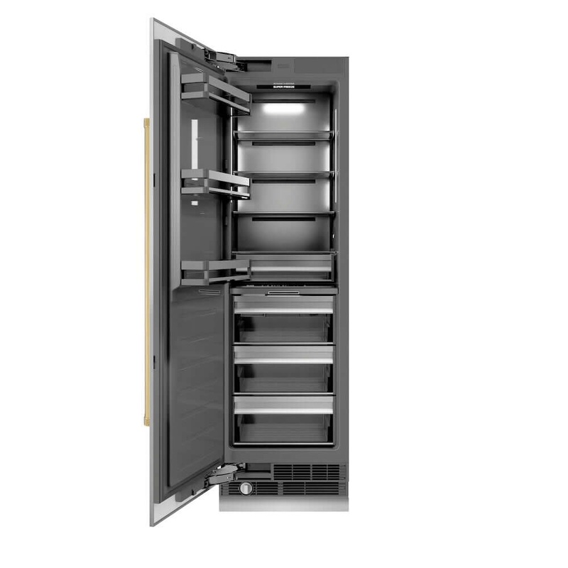 ZLINE Autograph Edition 24 in. 12.4 cu. ft. Column Freezer in Stainless Steel with Graphite Gray Interior and Polished Gold Accents (RCFVZ-30424-G)