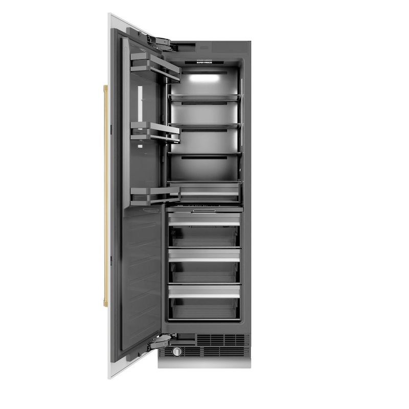 ZLINE Autograph Edition 24 in. 12.4 cu. ft. Column Freezer in White Matte with Graphite Gray Interior and Polished Gold Accents (RCFVZ-WM-24-G)