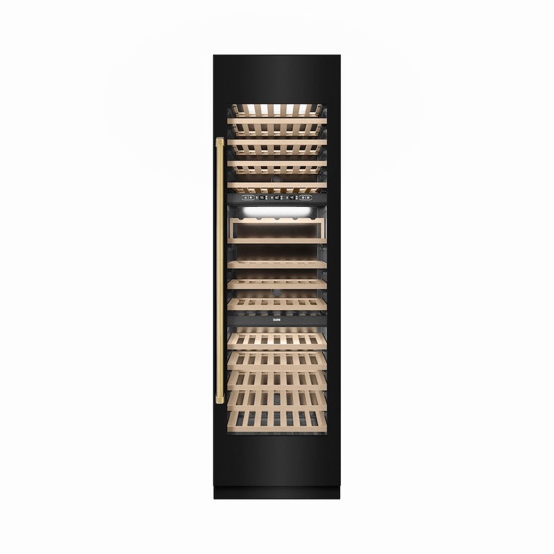 ZLINE Autograph Edition 24 in. 12.4 cu. ft. Triple Zone 100 Bottle Column Wine Cooler in Black Stainless Steel and Polished Gold Accents (RCWVZ-BS-24-G)