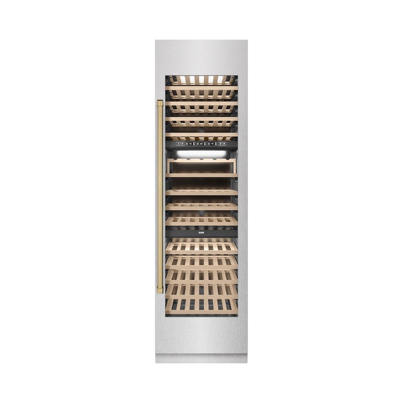 ZLINE Autograph Edition 24 in. 12.4 cu. ft. Triple Zone 100 Bottle Column Wine Cooler in Satin Stainless Steel and Champagne Bronze Accents (RCWVZ-SN-24-CB)