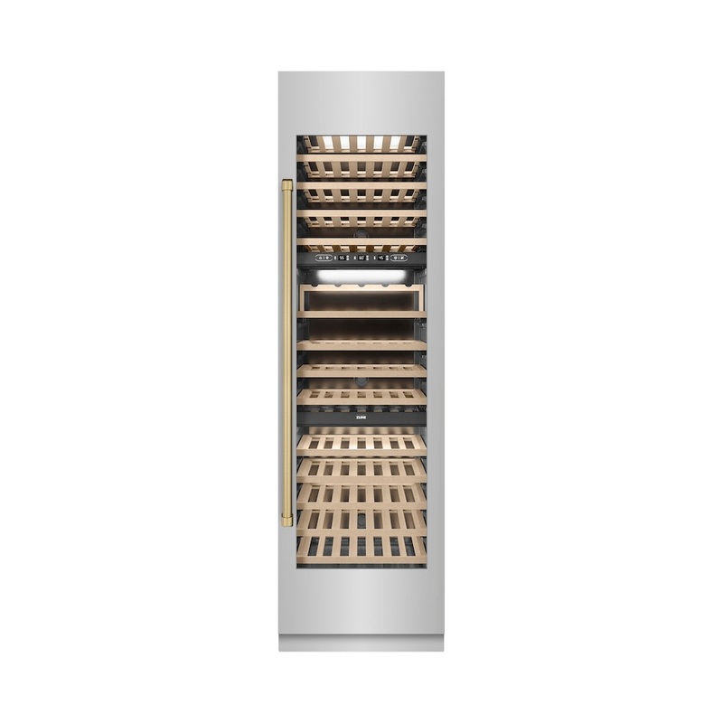 ZLINE Autograph Edition 24 in. 12.4 cu. ft. Triple Zone 100 Bottle Column Wine Cooler in Stainless Steel and Champagne Bronze Accents (RCWVZ-304-24-CB)
