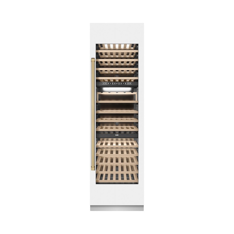 ZLINE Autograph Edition 24 in. 12.4 cu. ft. Triple Zone 100 Bottle Column Wine Cooler in White Matte and Champagne Bronze Accents (RCWVZ-WM-24-CB)