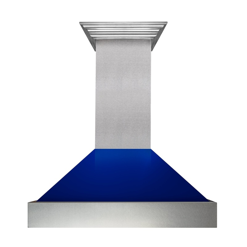 ZLINE Ducted Satin Stainless Steel Wall Mount Range Hood with Blue Gloss Shell and Size Options (8654BG)