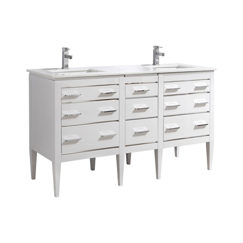 KubeBath Eiffel 60 in. Double Sink Vanity with Quartz Counter Top and White Lacquer Cabinets