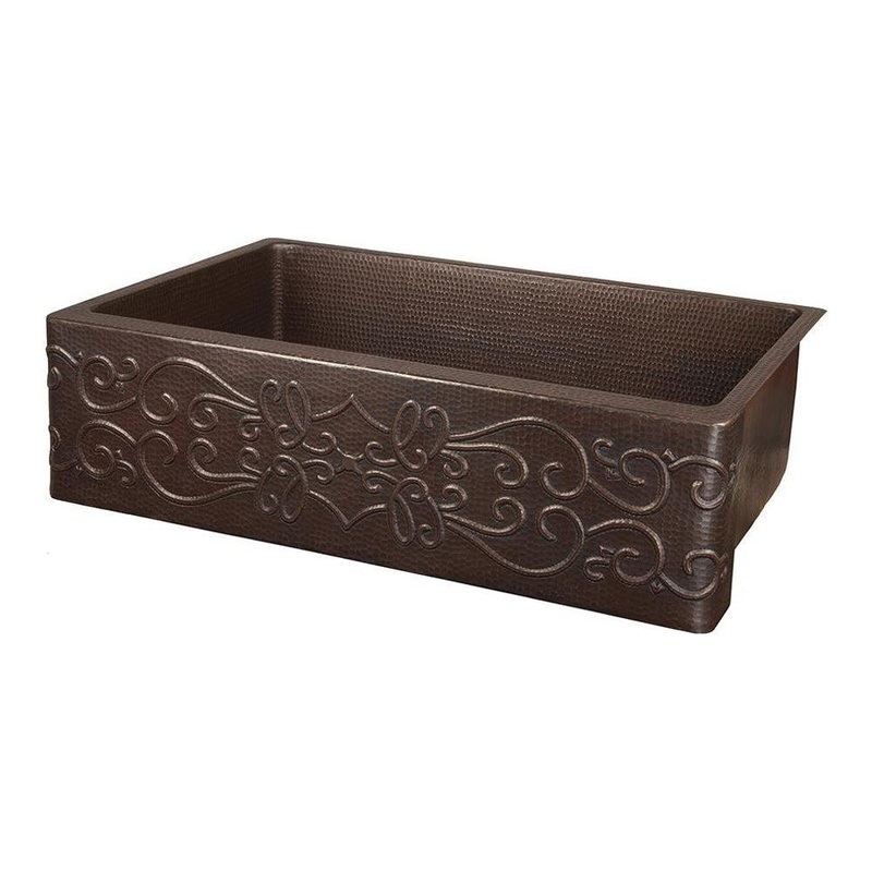 Premier Copper 30 in. Apron Front Single Basin Kitchen Sink with Scroll Design in Hammered Copper Finish (KASDB30229S)