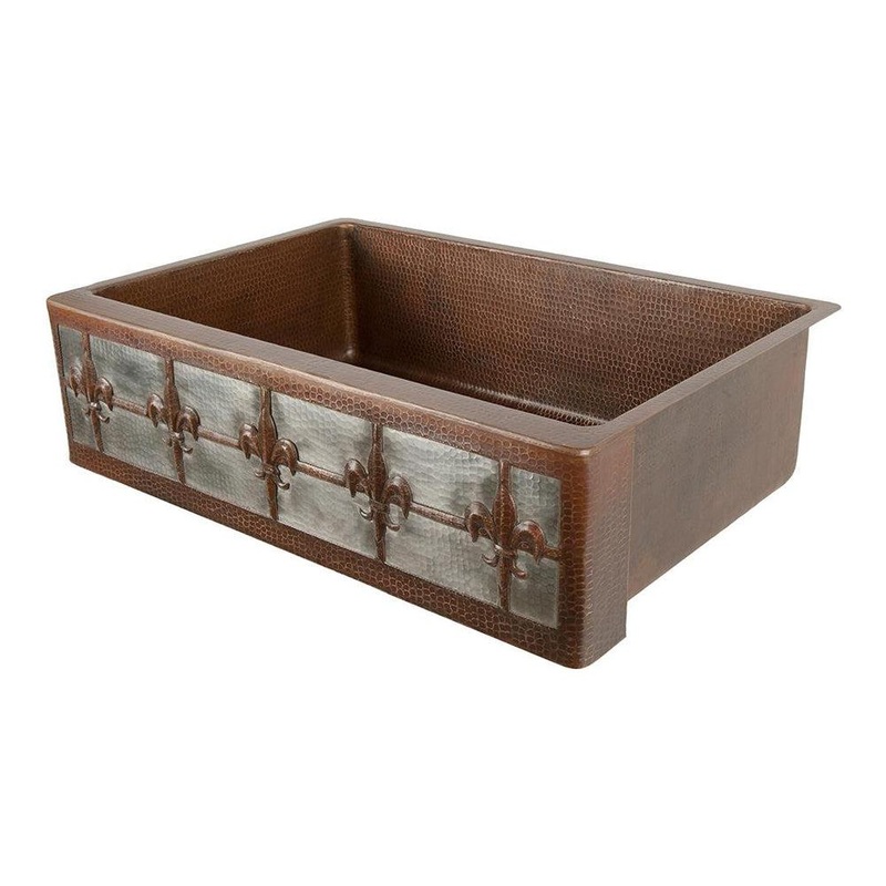 Premier Copper 33 in. Apron Front Single Basin Kitchen Sink w/ Fleur De Lis Design and Nickel Background in Hammered Copper