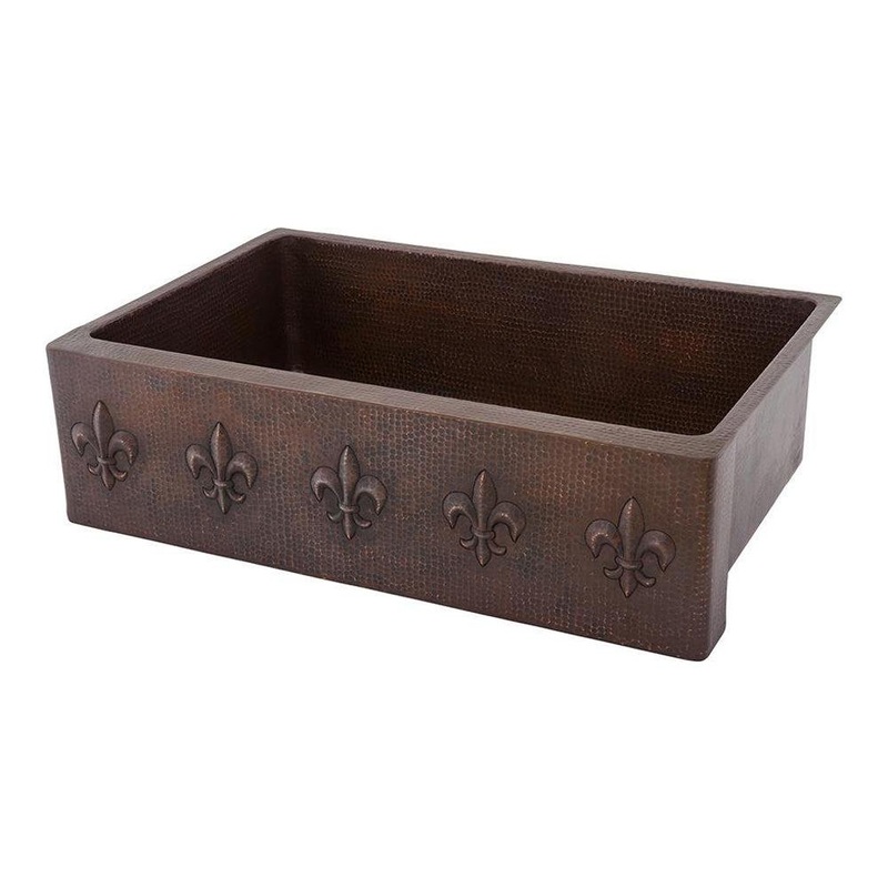 Premier Copper 33 in. Apron Front Single Basin Kitchen Sink w/ Fleur De Lis Design in Hammered Copper