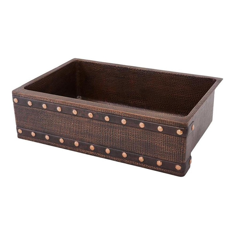 Premier Copper Hammered Copper Apron Front Single Basin Kitchen Sink w/ Barrel Strap Design