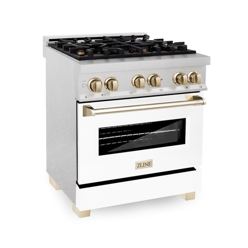 ZLINE Autograph Edition 30 in. 4.0 cu. ft. Legacy Dual Fuel Range with 4 Burner Gas Cooktop and Electric Convection Oven in Satin Stainless Steel and Polished Gold Accents (RASZ-SN-30-G)