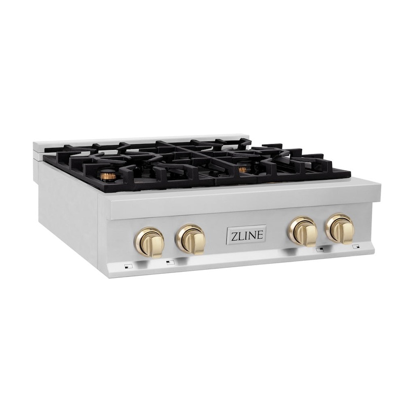 ZLINE Autograph Edition 30 in. Legacy Gas Rangetop with 4 Burners and Porcelain Cooktop in Stainless Steel with Polished Gold Accents (RTZ-30-G)