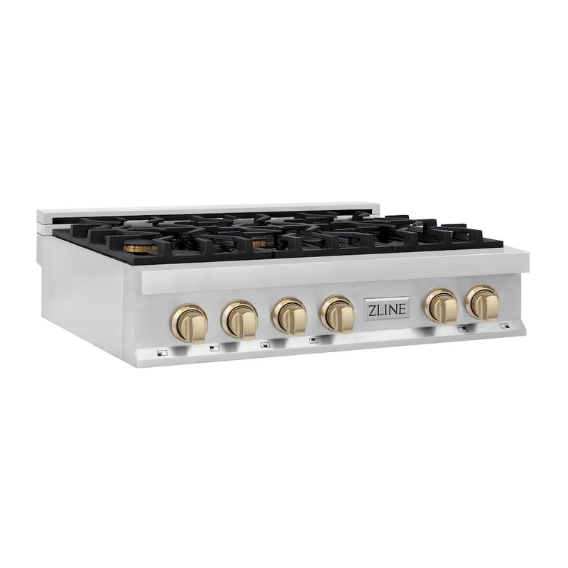ZLINE Autograph Edition 36 in. Legacy Gas Rangetop with 6 Burners and Porcelain Cooktop in Stainless Steel with Polished Gold Accents (RTZ-36-G)
