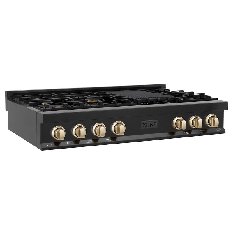 ZLINE Autograph Edition 48 in. Legacy Gas Rangetop with 7 Burners and Porcelain Cooktop in Black Stainless Steel with Polished Gold Accents (RTBZ-48-G)