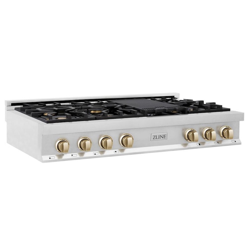 ZLINE Autograph Edition 48 in. Legacy Gas Rangetop with 7 Burners and Porcelain Cooktop in Stainless Steel with Polished Gold Accents (RTZ-48-G)