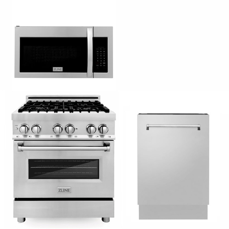 ZLINE 30 in. Kitchen Package with Stainless Steel Dual Fuel Range, Modern Over The Range Microwave and Dishwasher (3KP-RAOTR30-DW)