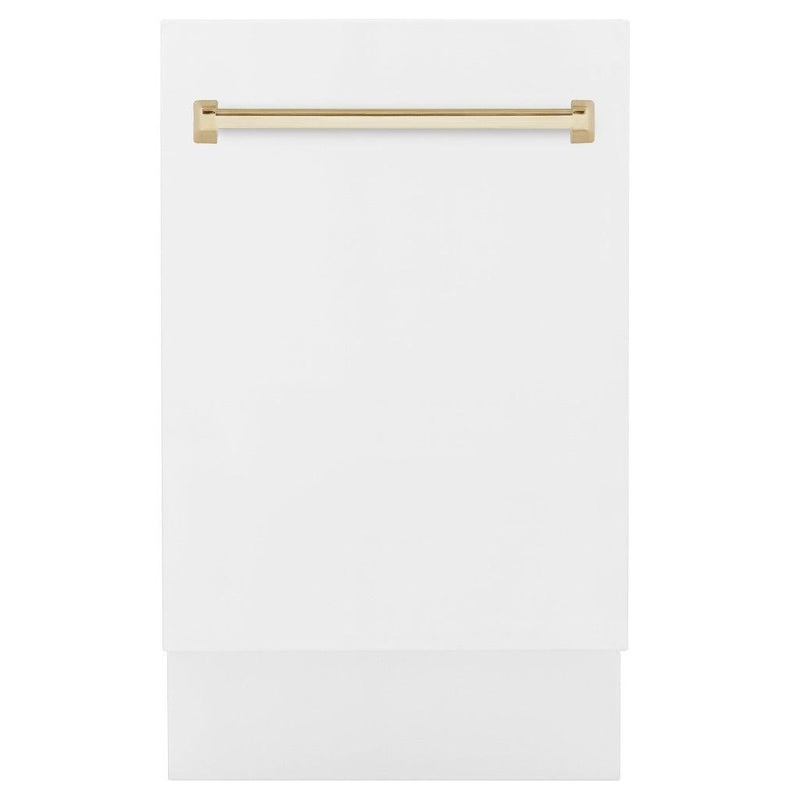 ZLINE Autograph Edition 18 in. Tallac Series 3rd Rack Top Control Built-In Dishwasher in White Matte with Polished Gold Handle, 51dBa (DWVZ-WM-18-G)