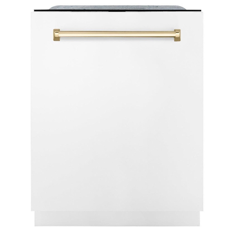 ZLINE Autograph Edition 24 in. Monument Series 3rd Rack Top Touch Control Tall Tub Dishwasher in White Matte with Polished Gold Handle, 45dBa (DWMTZ-WM-24-G)