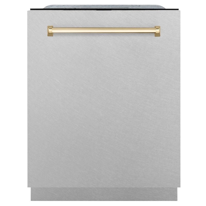 ZLINE Autograph Edition 24 in. Monument Series 3rd Rack Top Touch Control Tall Tub Dishwasher with Satin Stainless Steel Panel and Polished Gold Handle, 45dBa (DWMTZ-SN-24-G)