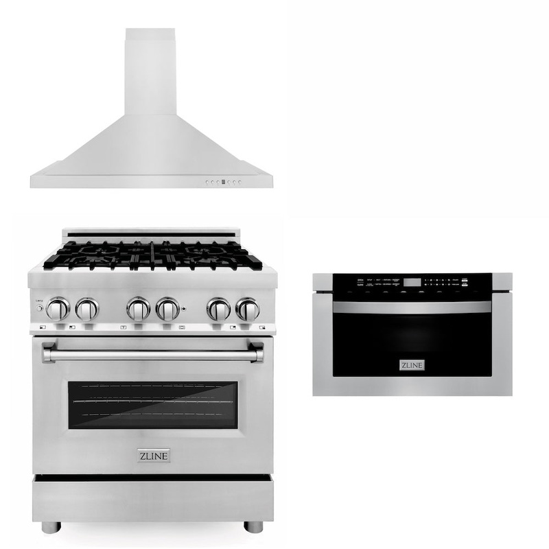 ZLINE 30 in. Kitchen Package with Stainless Steel Dual Fuel Range, Convertible Vent Range Hood and Microwave Drawer (3KP-RARH30-MW)