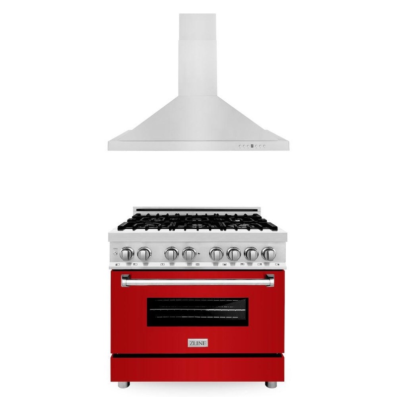 ZLINE 36 in. Kitchen Package with Stainless Steel Dual Fuel Range with Red Gloss Door and Convertible Vent Range Hood (2KP-RARGRH36)