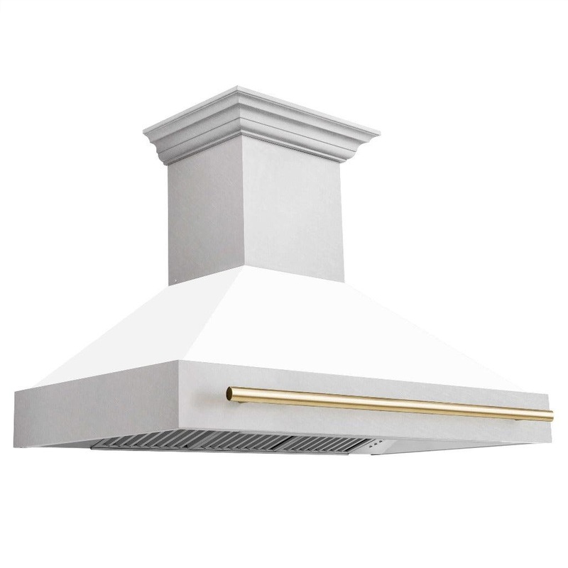 ZLINE Autograph Edition 48 in. Satin Stainless Steel Wall Mount Range Hood with White Matte Shell and Accent Handle (8654SNZ-WM48)