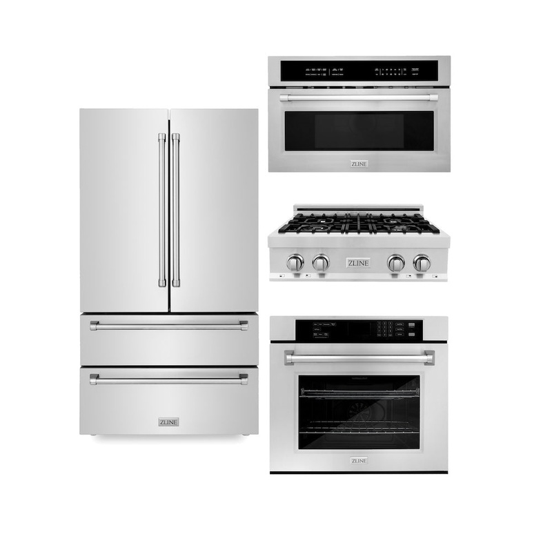 ZLINE Kitchen Package with Refrigeration, 36 in. Stainless Steel Rangetop, 30 in. Single Wall Oven, 30 in. Microwave Oven (4KPR-RT36-MWAWS)